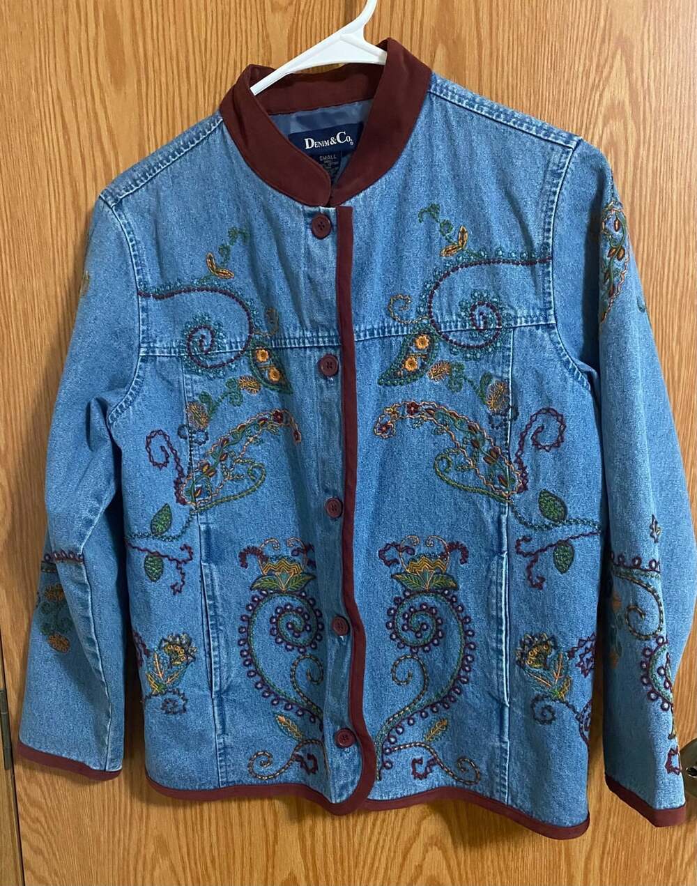 Denim & Co Embroidered Denim Jacket Size Small Boho Artisan Lined grandmacore